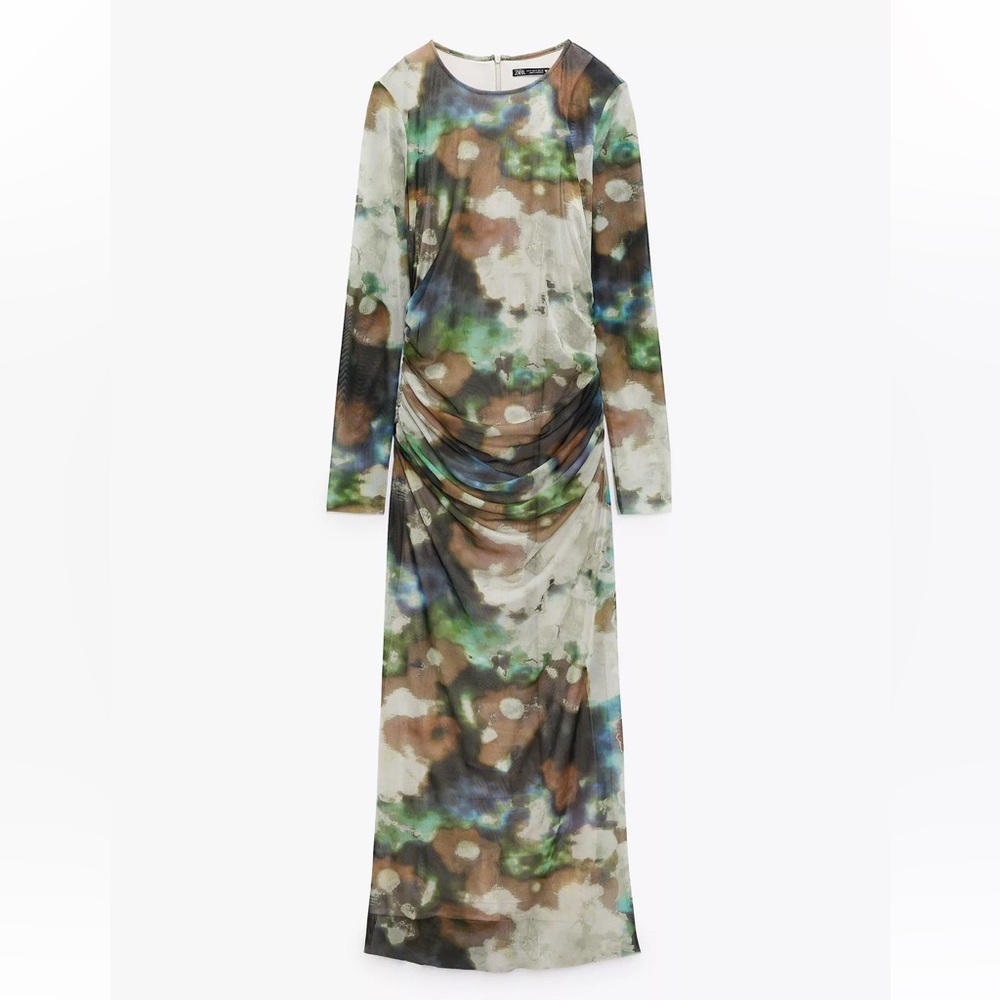Zara Green Brown Camo Ruched Long Sleeve Mesh Tulle Maxi Dress Size XXL